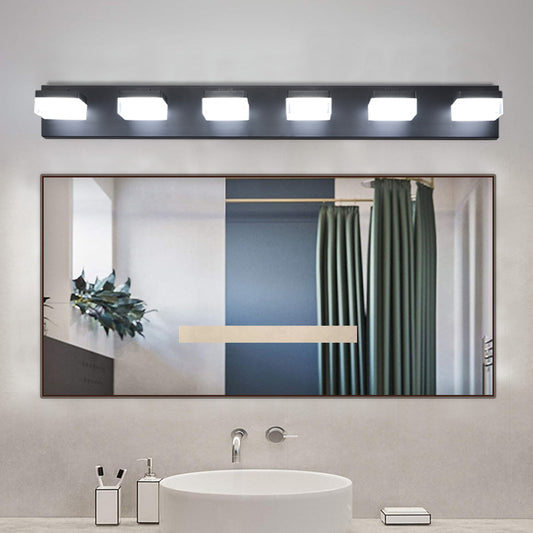 Modern black vanity light bar with five frosted glass shades for bathroom illumination