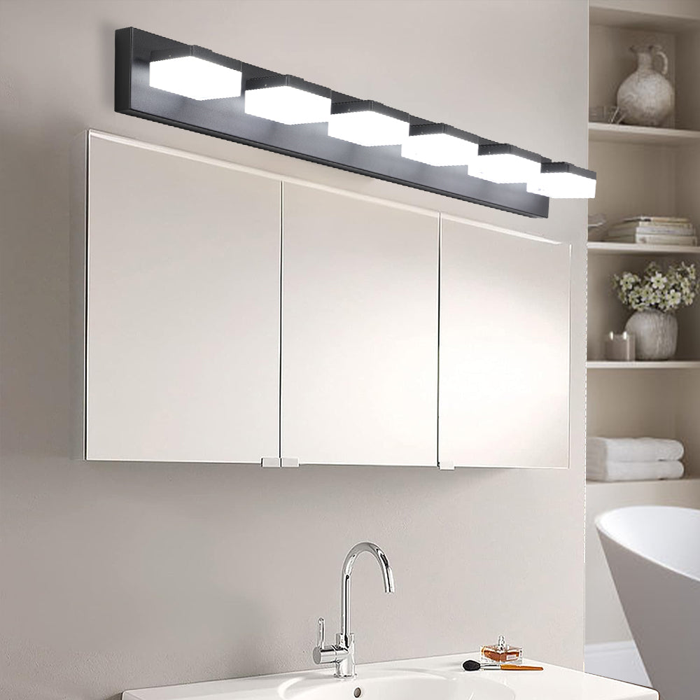 Modern black vanity light with five square white frosted glass shades for bathroom illumination