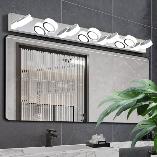 Modern chrome vanity light with seven adjustable circular LED heads for bathroom lighting