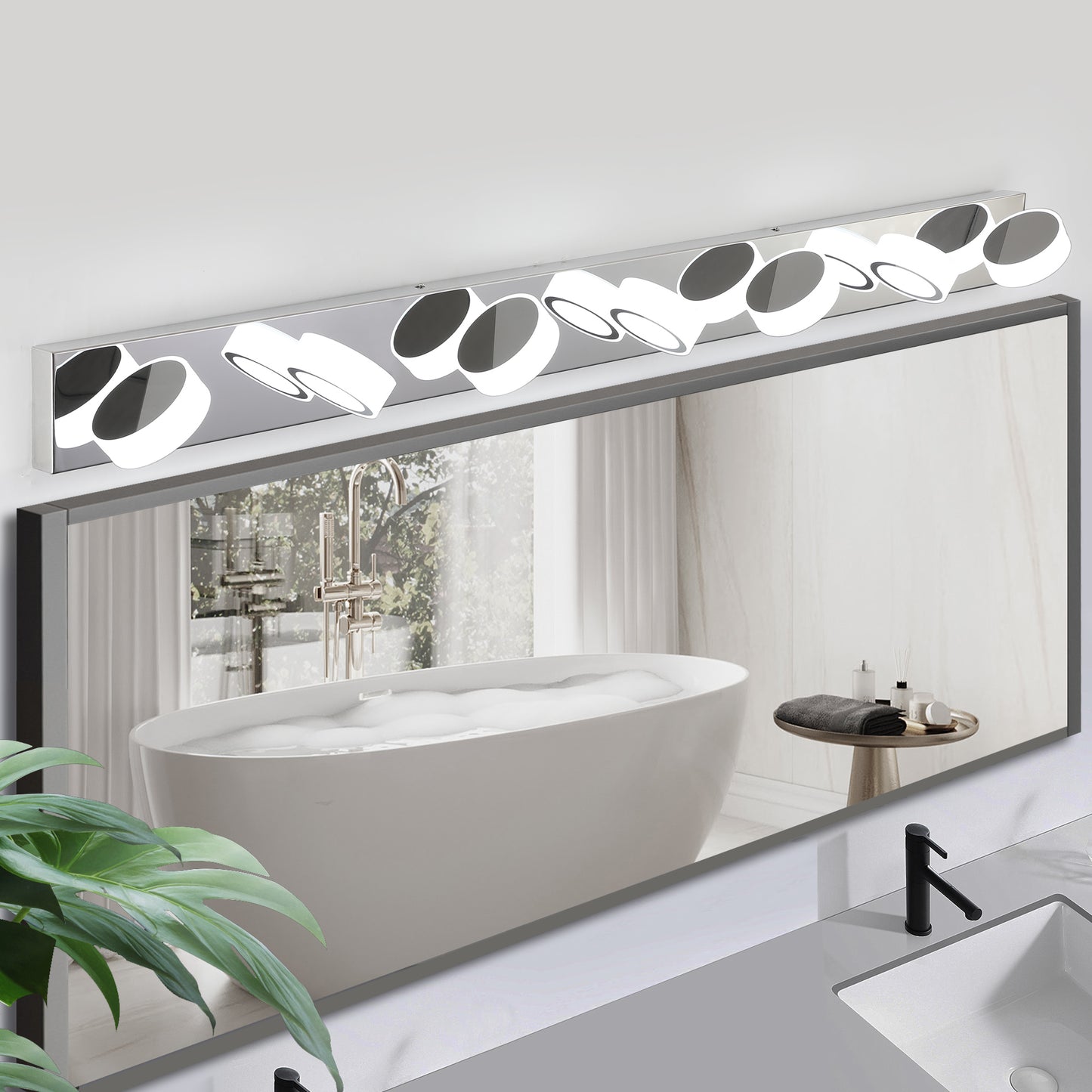 Modern chrome bathroom vanity light with four adjustable LED heads