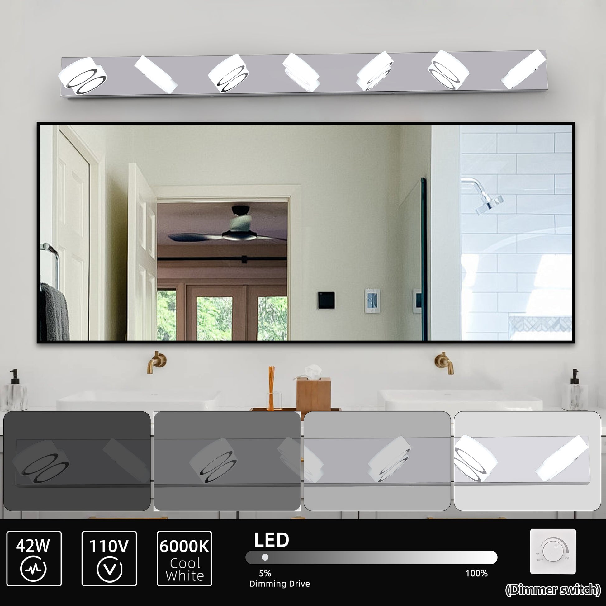 Modern chrome vanity light fixture with adjustable LED heads for bathroom task lighting