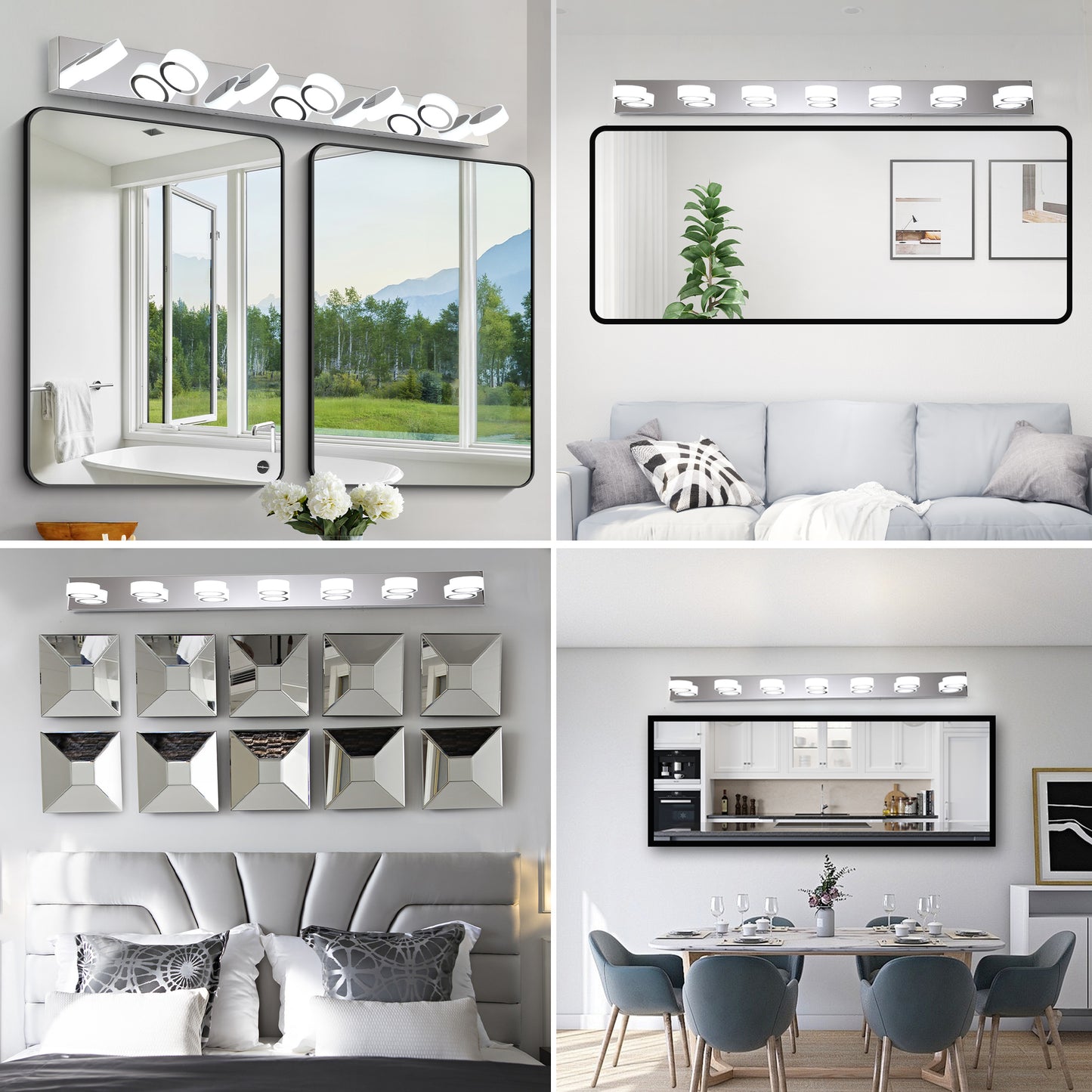 Modern chrome vanity light with seven frosted circle glass shades for bathroom lighting