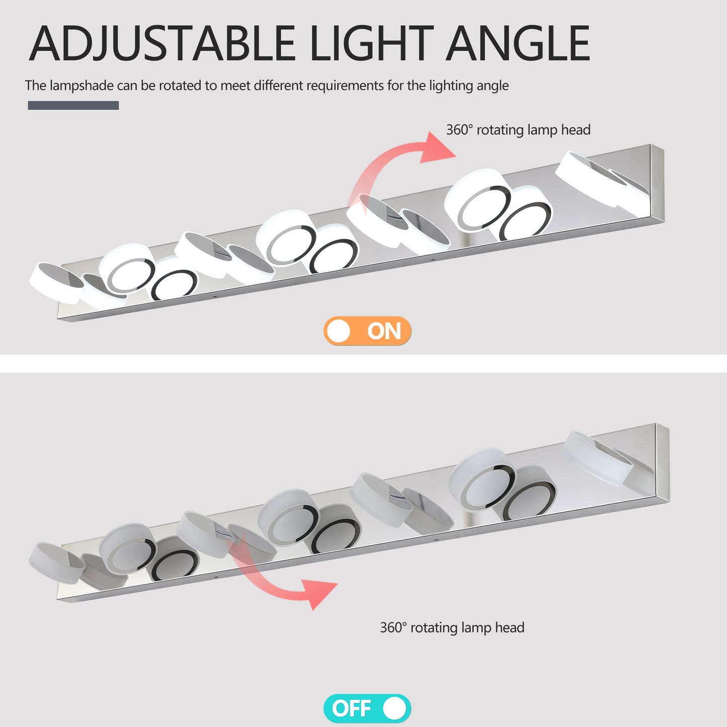 Modern chrome vanity light with five adjustable white cylindrical lamps