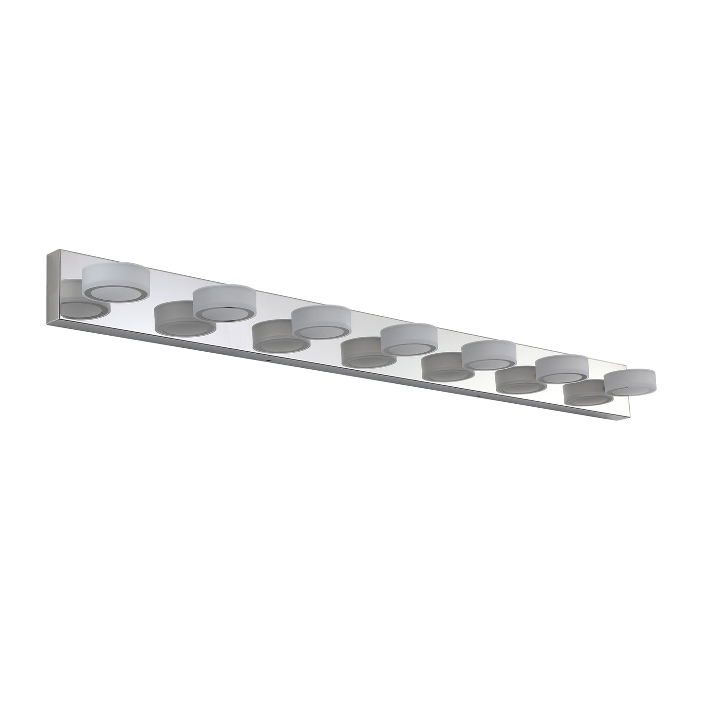Modern chrome vanity light bar with eight frosted glass cylinder shades for bathroom illumination