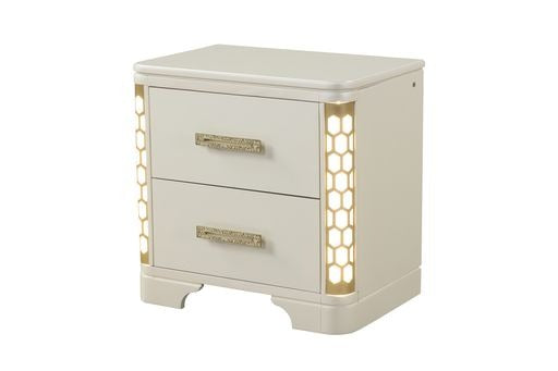 Modern cream nightstand with two drawers and gold honeycomb accents