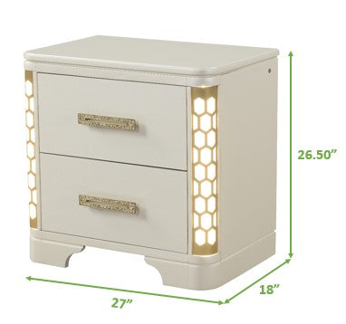 Cream modern nightstand with two drawers and geometric lighting accents