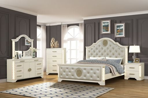 Upholstered tufted king bed frame with crystal accents plush beige headboard and footboard