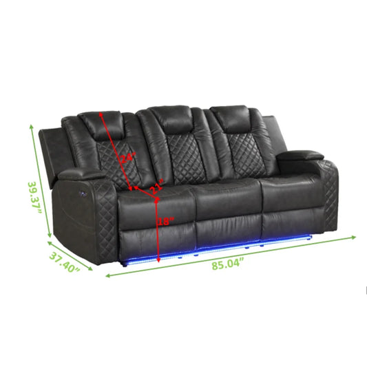 Dark gray leather reclining sofa with diamond stitching cup holders and LED lighting