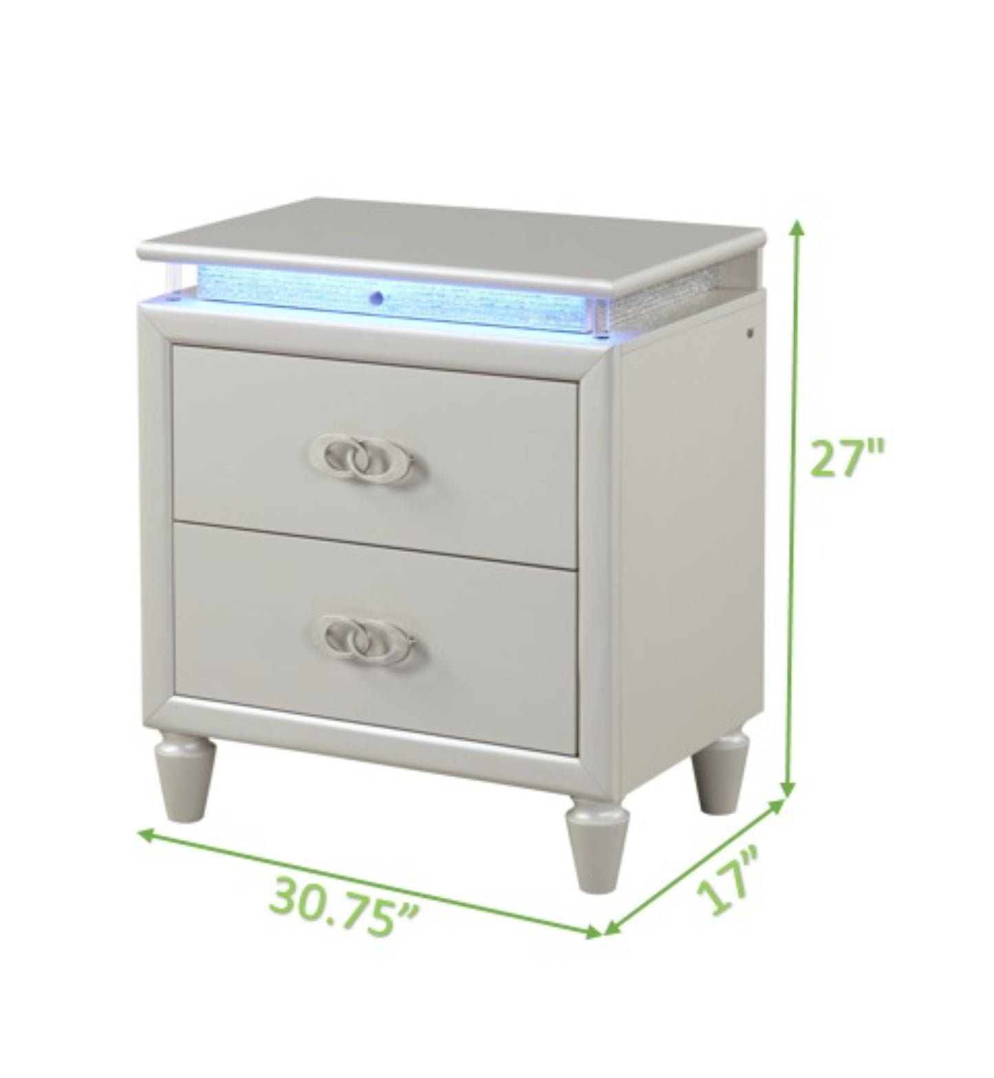 Modern white nightstand with LED lighting and two drawers featuring circular handles