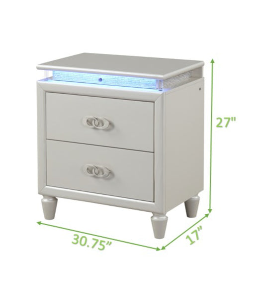 Modern white nightstand with LED lighting and two drawers featuring circular handles