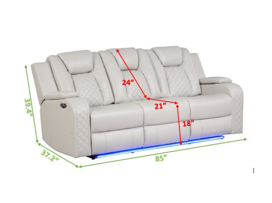 Cream leather recliner sofa with diamond stitching and blue LED underglow