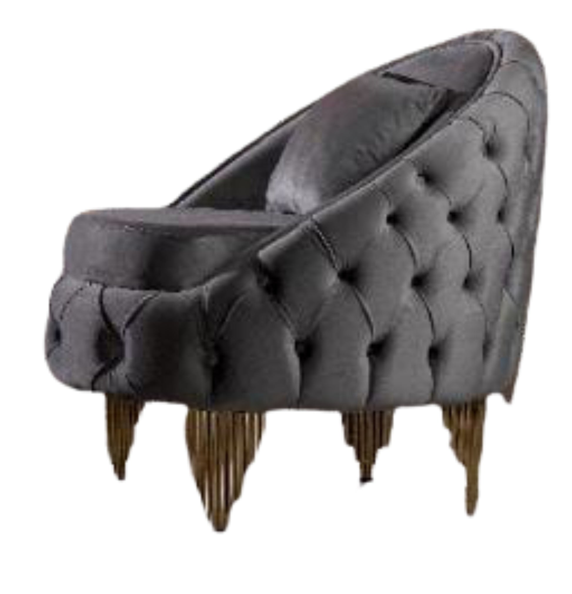 Dark gray velvet tufted accent chair with gold sculptural legs