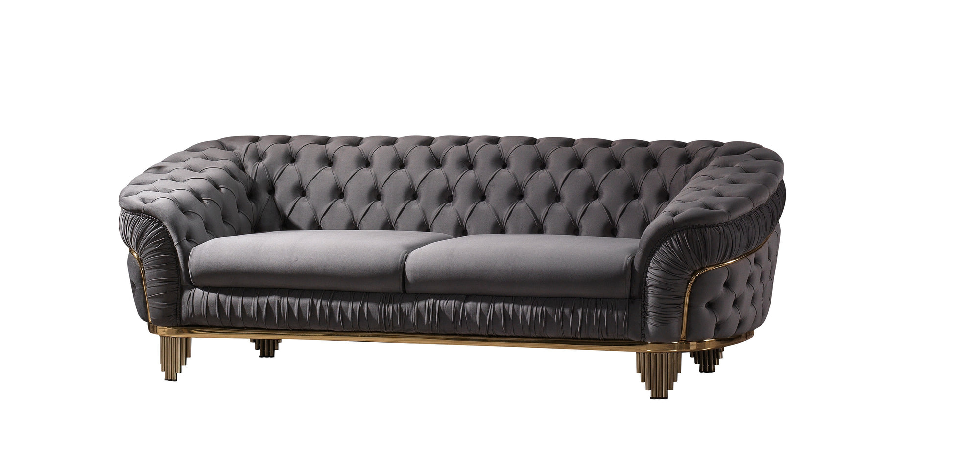 Dark grey tufted velvet sofa with elegant gold trim and modern fluted legs