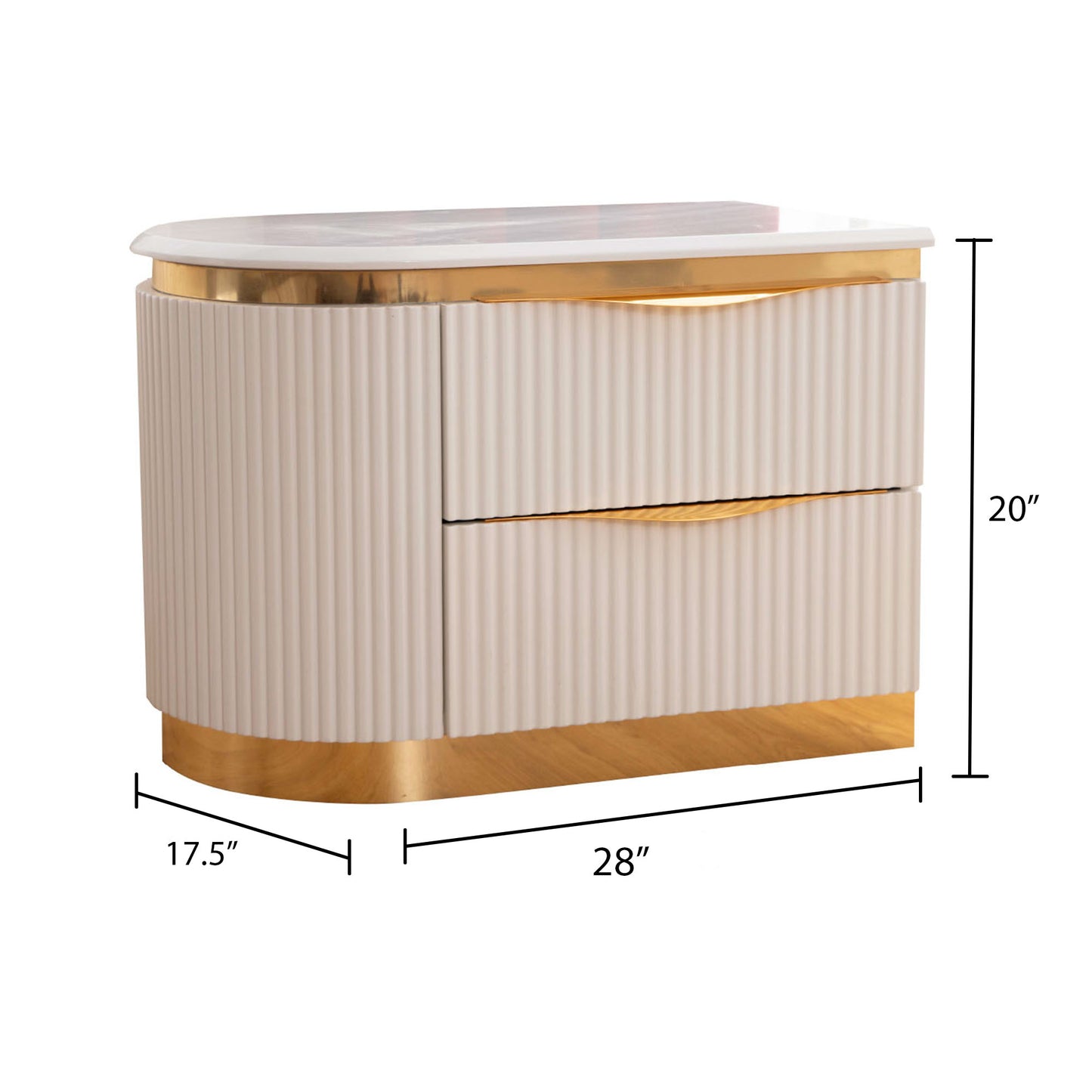 Elegant cream fluted nightstand with gold hardware and marble top