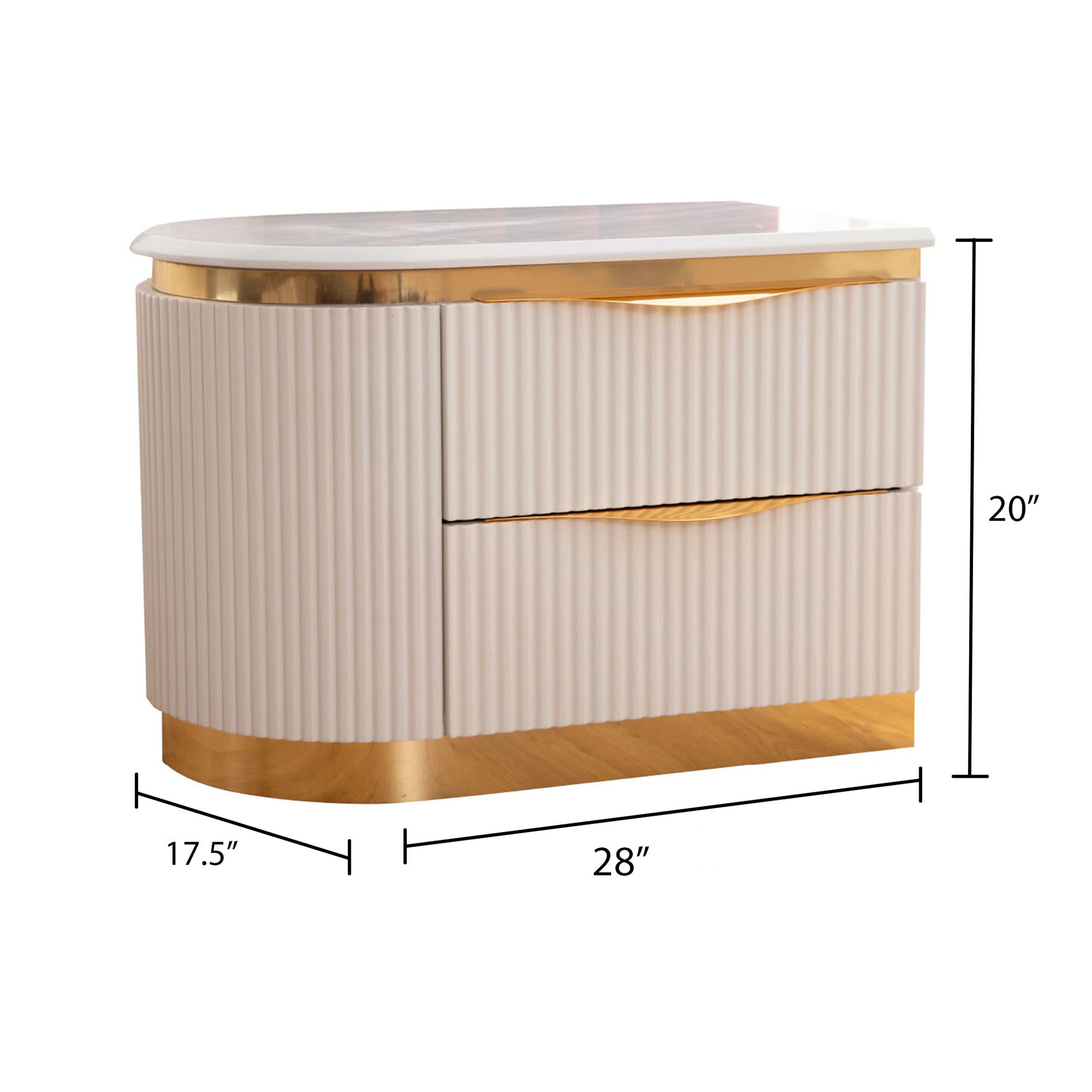 Elegant cream fluted nightstand with gold hardware and marble top