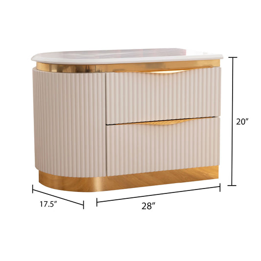Elegant cream fluted nightstand with gold hardware and marble top