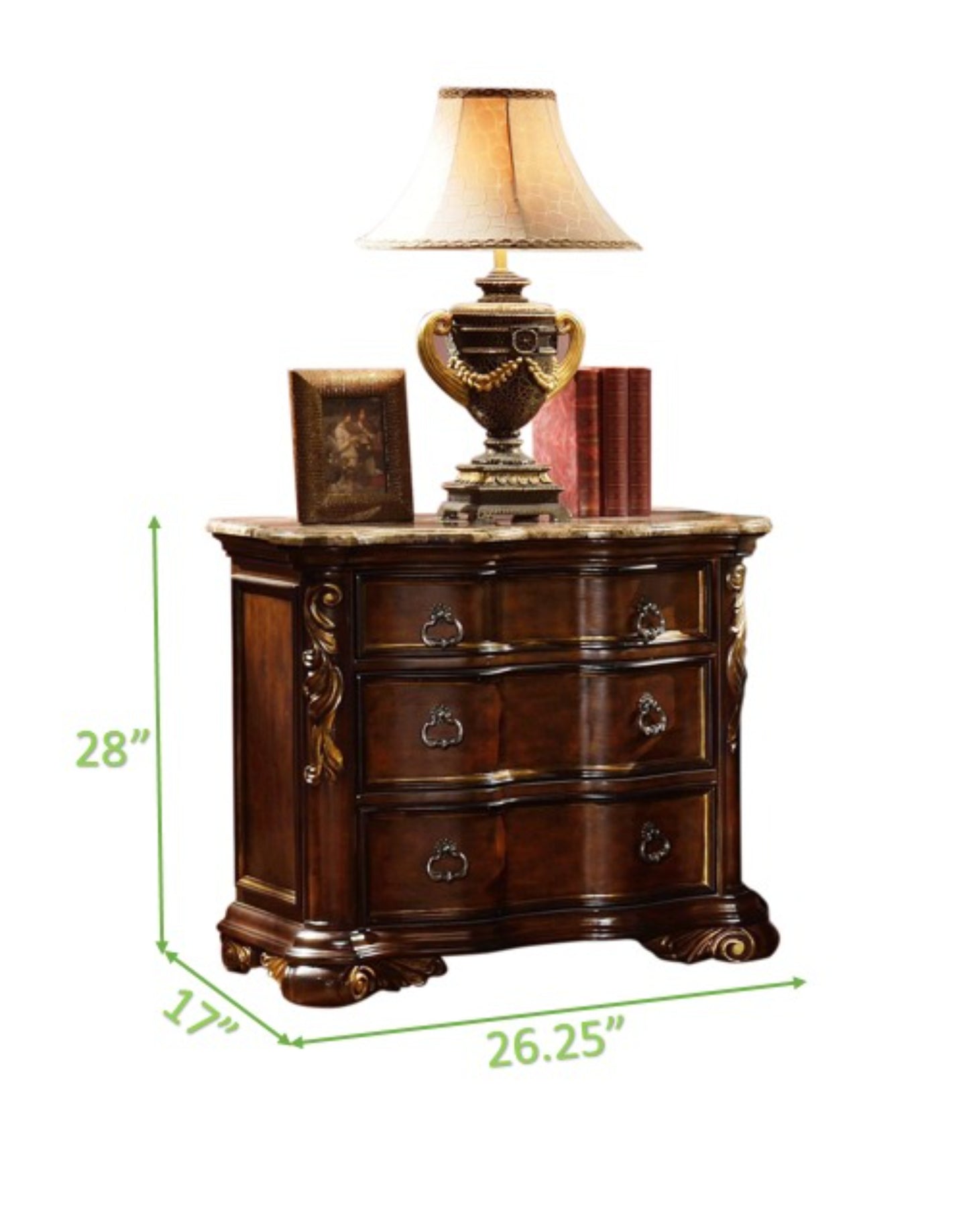 Ornate dark wood nightstand with three drawers and ornate silver pulls