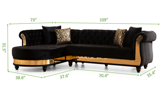 Black velvet sectional sofa with tufted cushions and gold accents perfect for modern living rooms