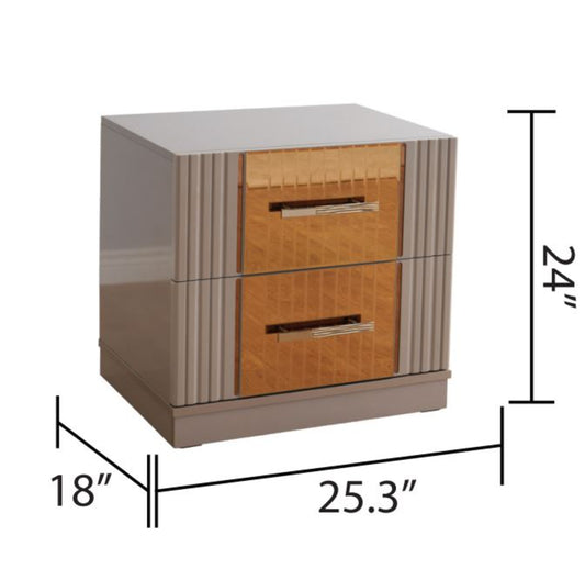 Modern beige nightstand with goldaccented drawers and fluted side panels