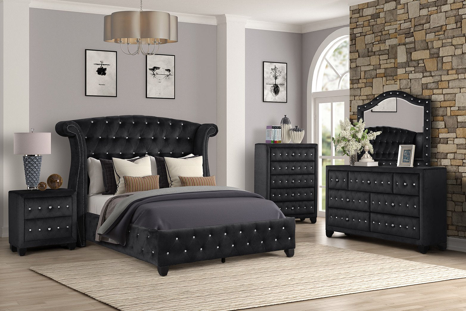 Black velvet tufted king bed with crystal accents perfect for a glamorous bedroom