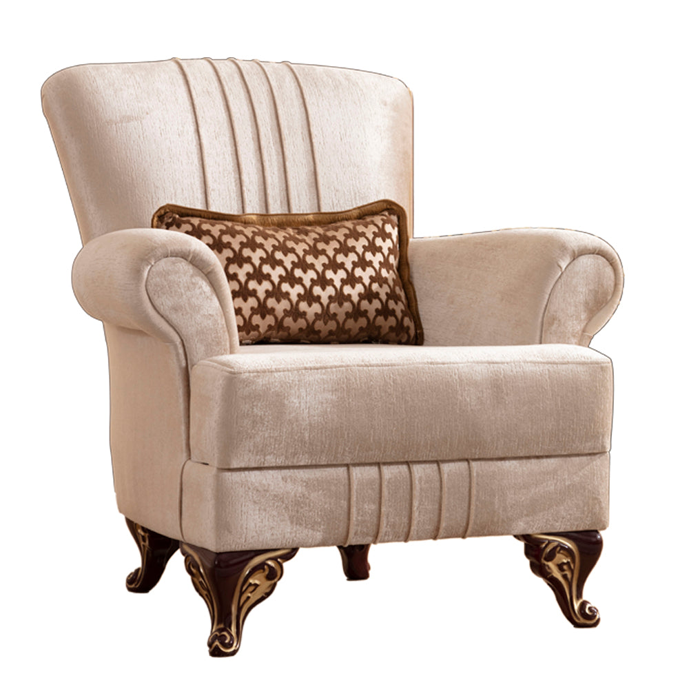 Elegant cream velvet armchair with ornate brown patterned throw pillow