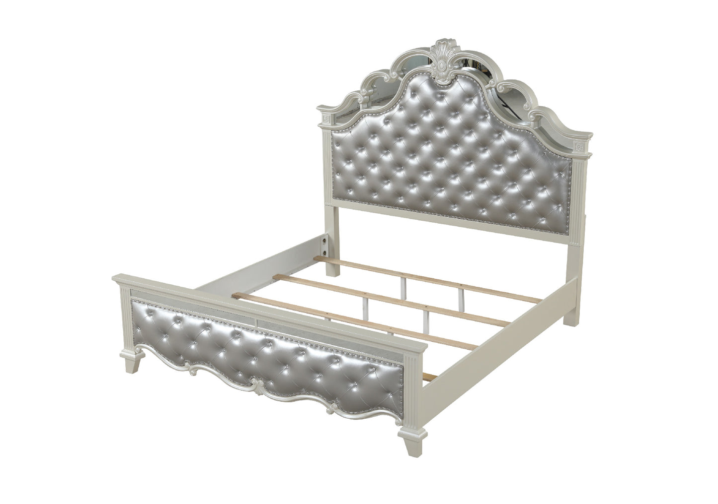 Elegant white wooden queen bed frame with silver tufted headboard and footboard