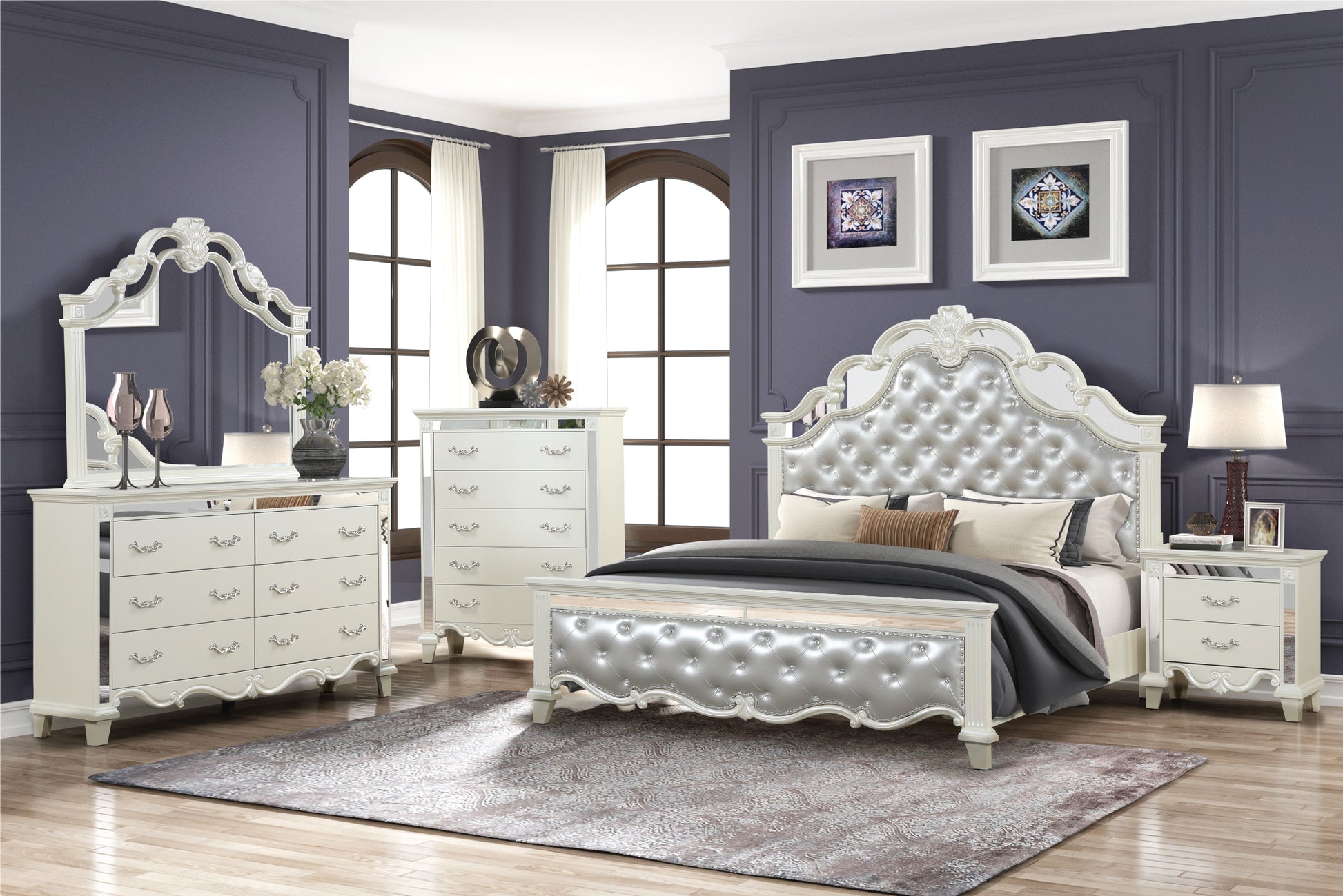 Elegant white tufted leather sleigh bed with crystal accents and ornate carving