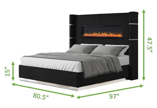 Black upholstered king bed with integrated electric fireplace and modern headboard