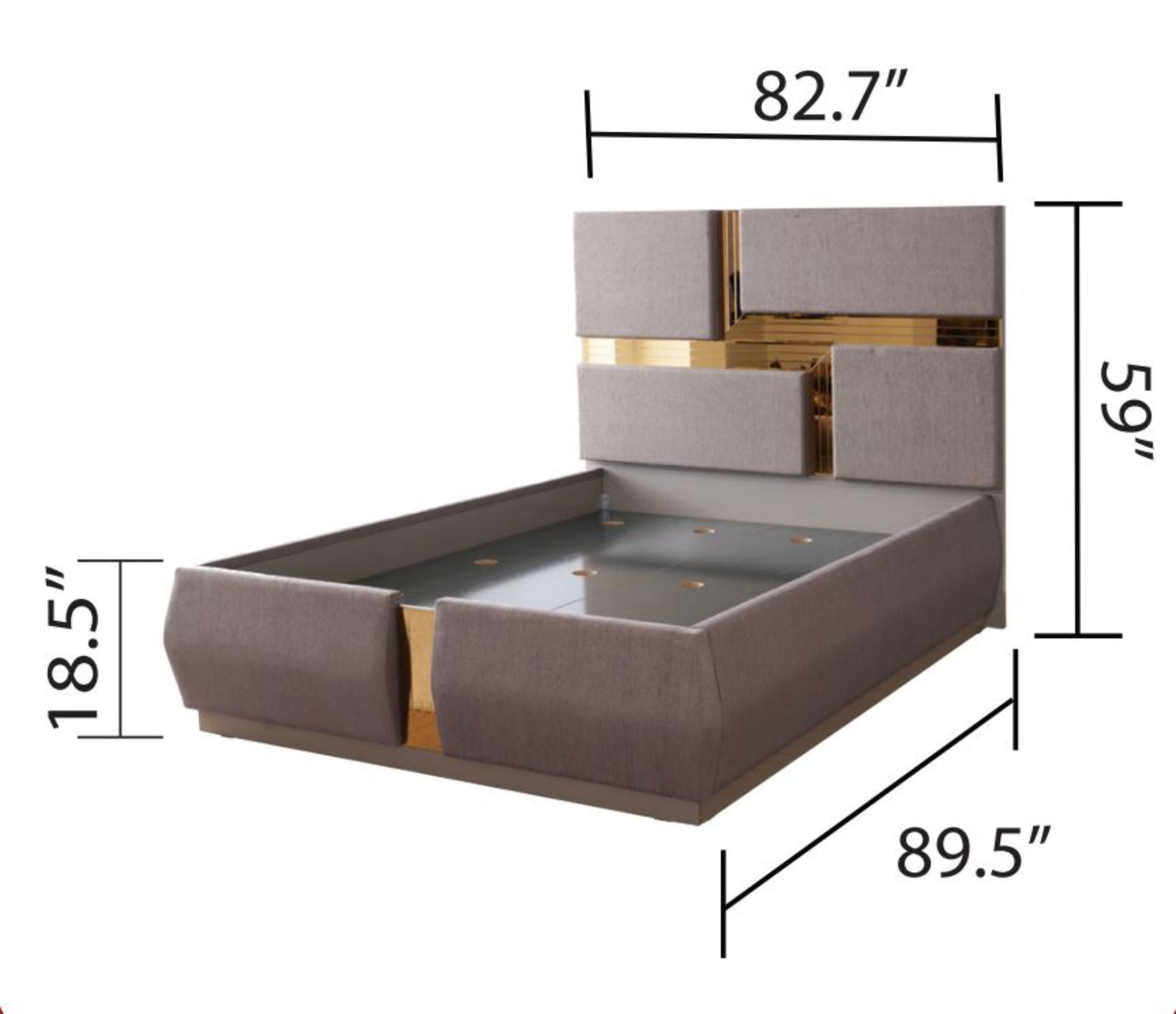 Gray upholstered modern bed frame with gold accents and  width