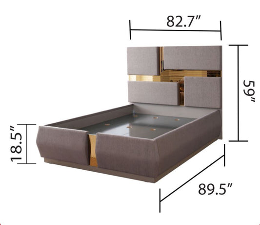 Gray upholstered modern bed frame with gold accents and  width