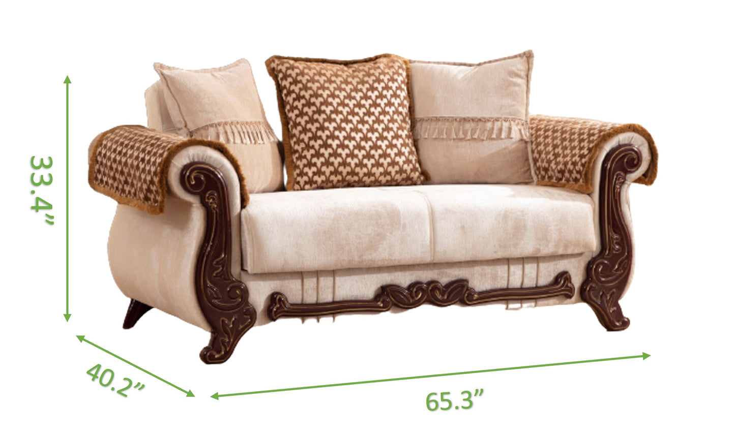 Classic beige fabric loveseat with ornate dark wood trim and patterned throw pillows