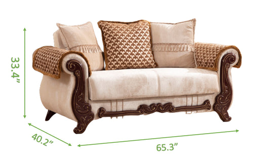 Classic beige fabric loveseat with ornate dark wood trim and patterned throw pillows