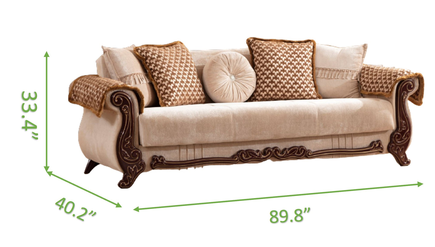Elegant beige fabric sofa with ornate wood trim and decorative throw pillows perfect for a classic living room