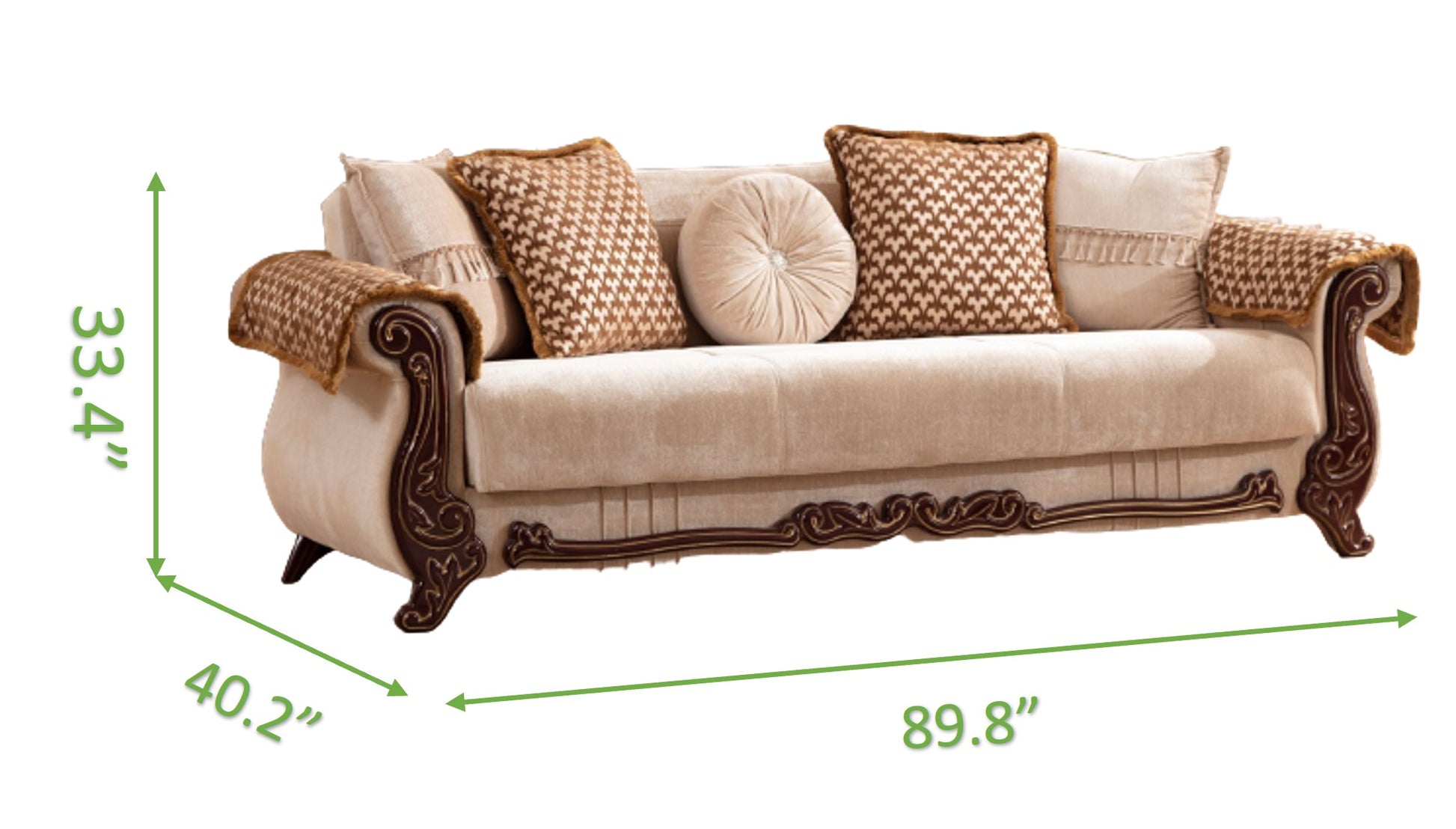 Elegant beige fabric sofa with ornate wood trim and decorative throw pillows perfect for a classic living room