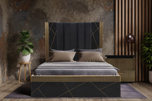 Luxurious black velvet bed frame with gold geometric accents and plush bedding