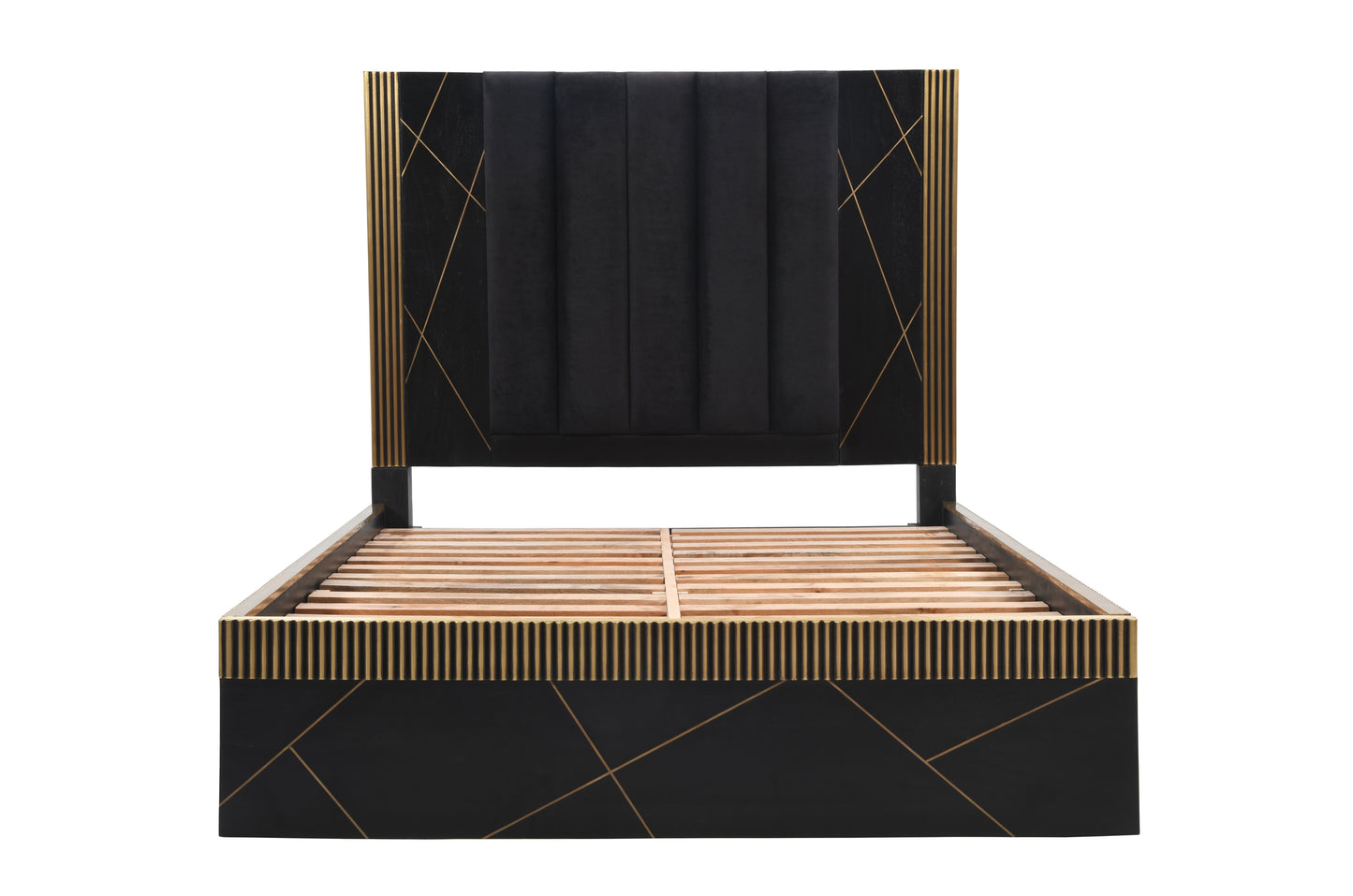 Black velvet queen bed frame with gold geometric accents and slatted base