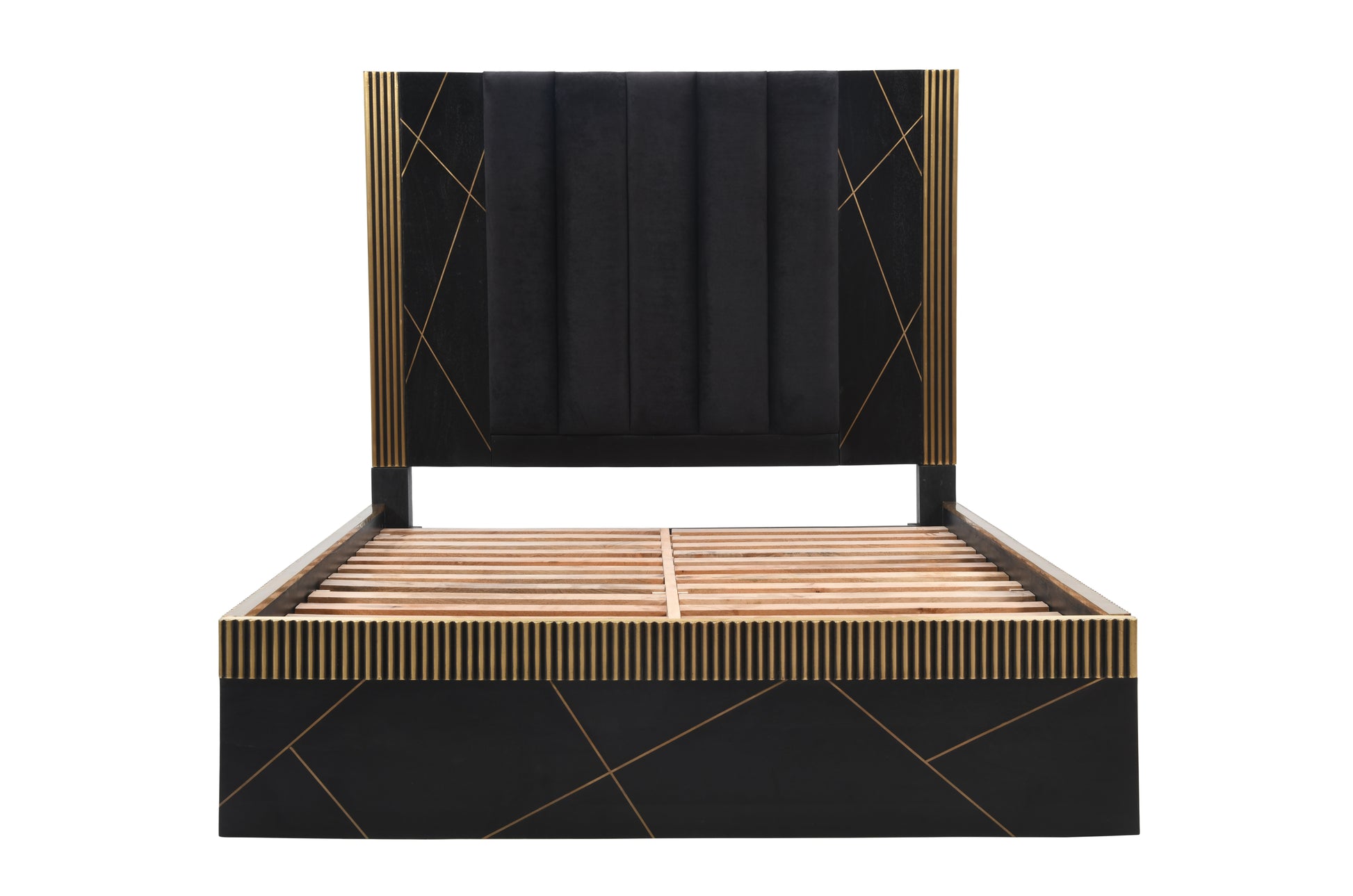 Black velvet queen bed frame with gold geometric accents and slatted base