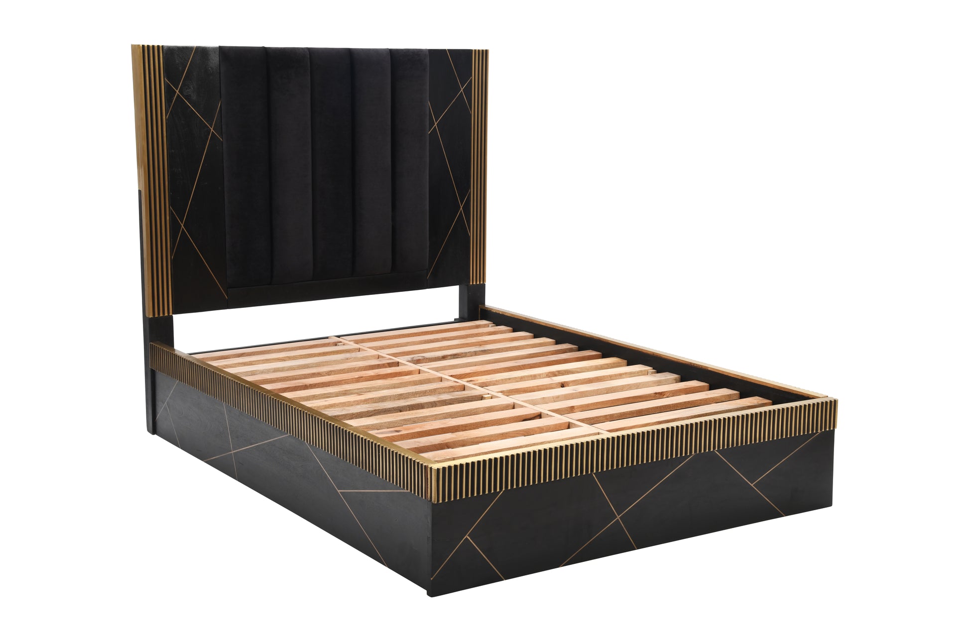 Modern black velvet bed frame with gold inlay and wooden slats
