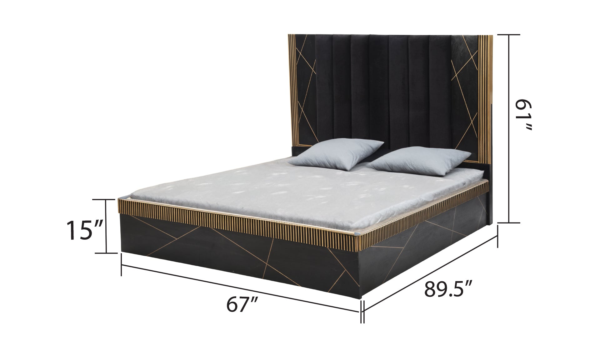 Black velvet bed with gold geometric accents and plush headboard