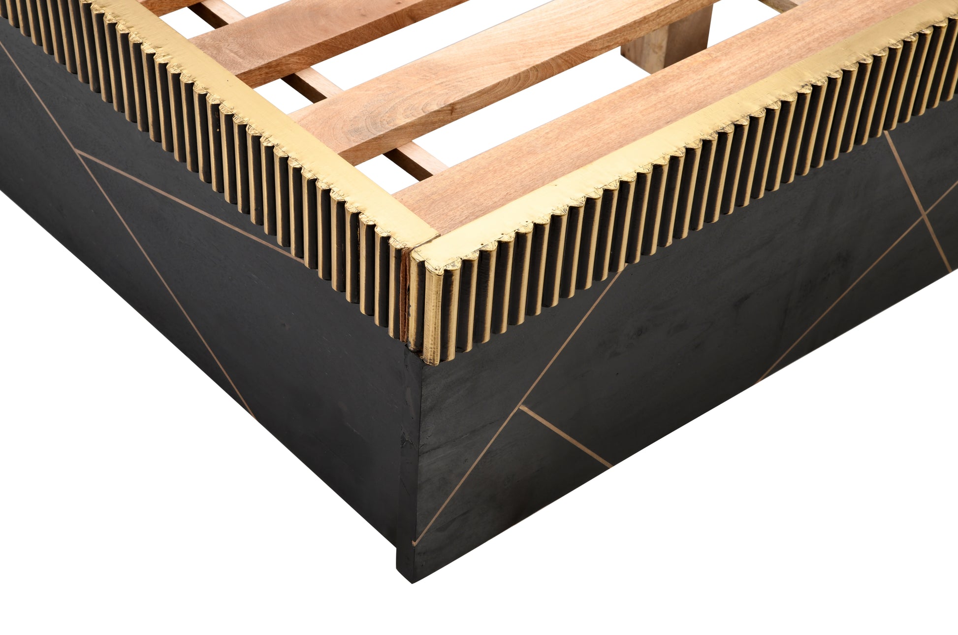 Black modern bed frame with gold fluted trim and geometric inlay