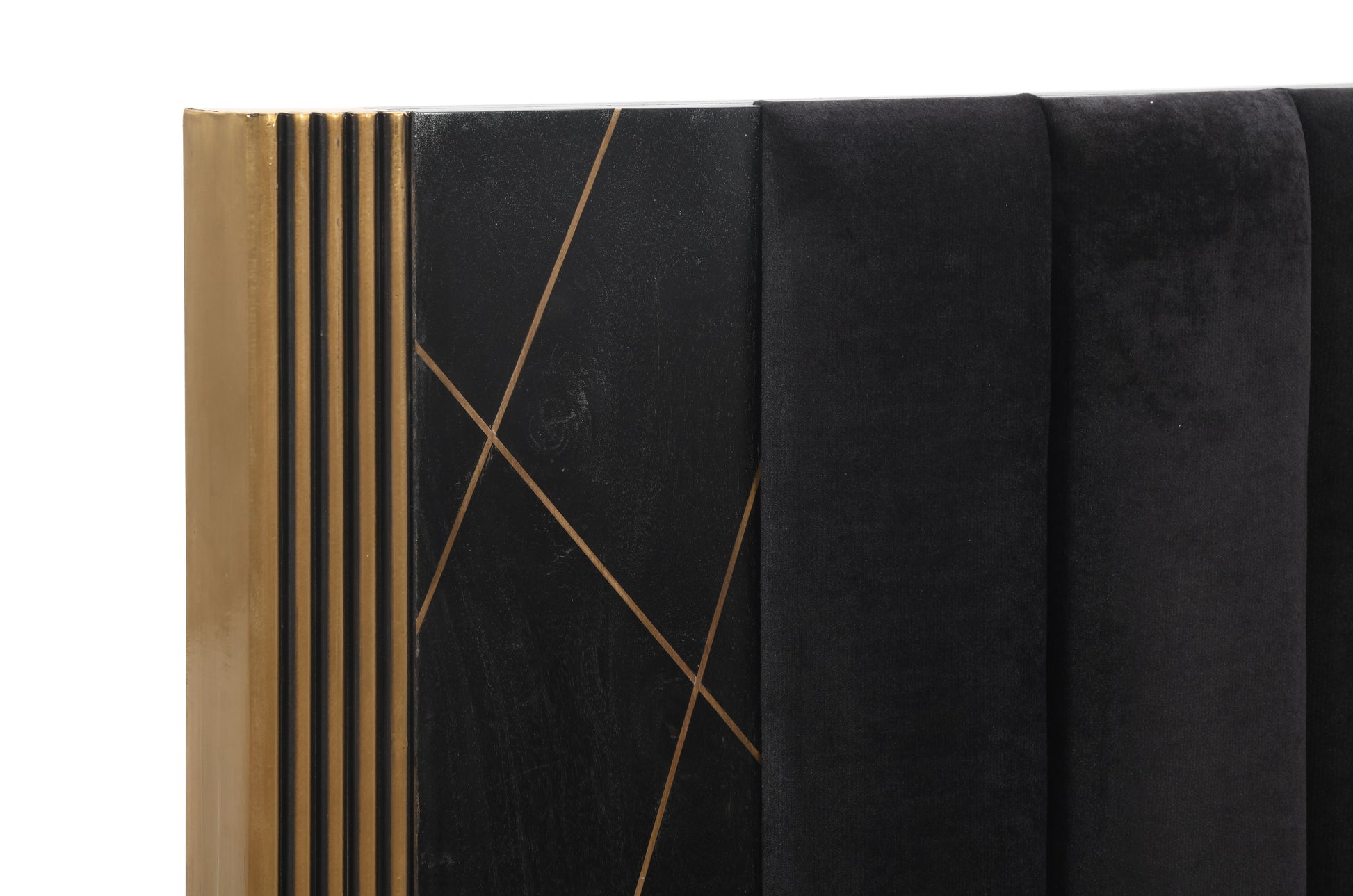 Modern black velvet headboard with gold accent trim and geometric pattern