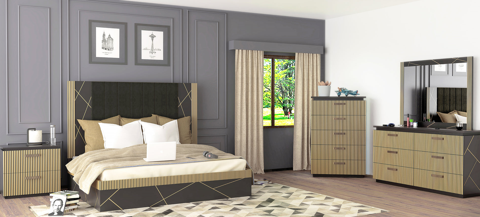 Contemporary bedroom set with goldaccented dark wood bed frame and matching nightstands