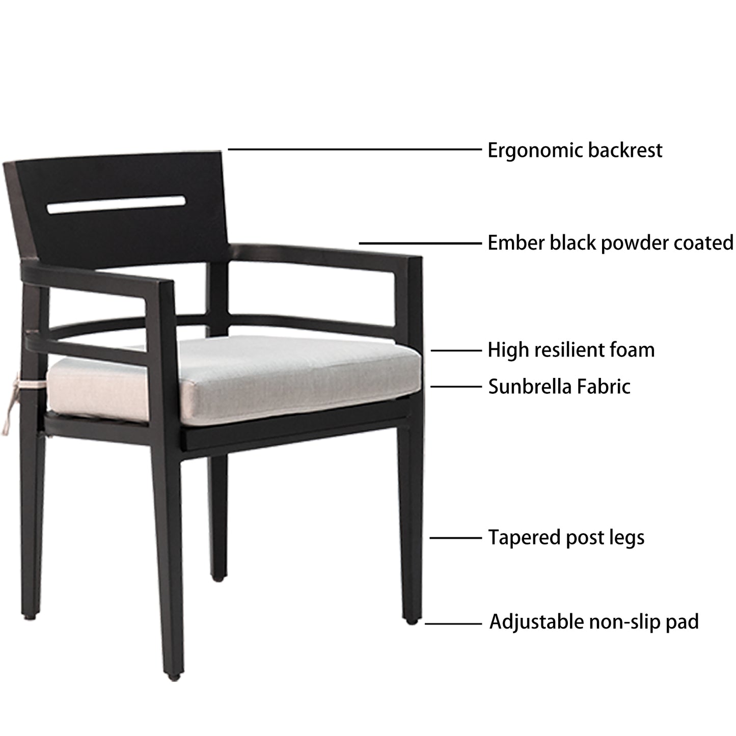 Black metal outdoor chair with light gray Sunbrella cushion and ergonomic backrest