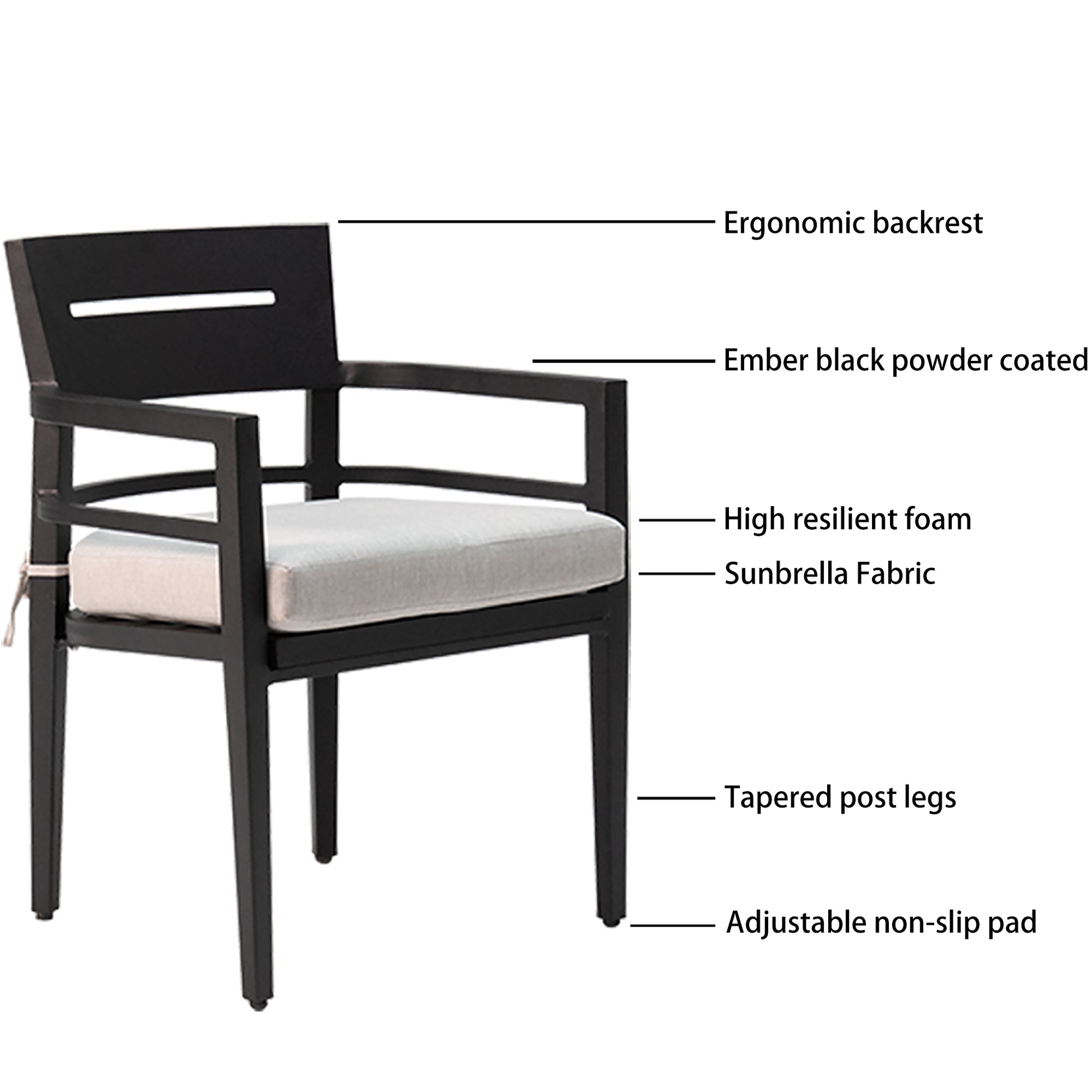 Black metal outdoor chair with light gray Sunbrella cushion and ergonomic backrest
