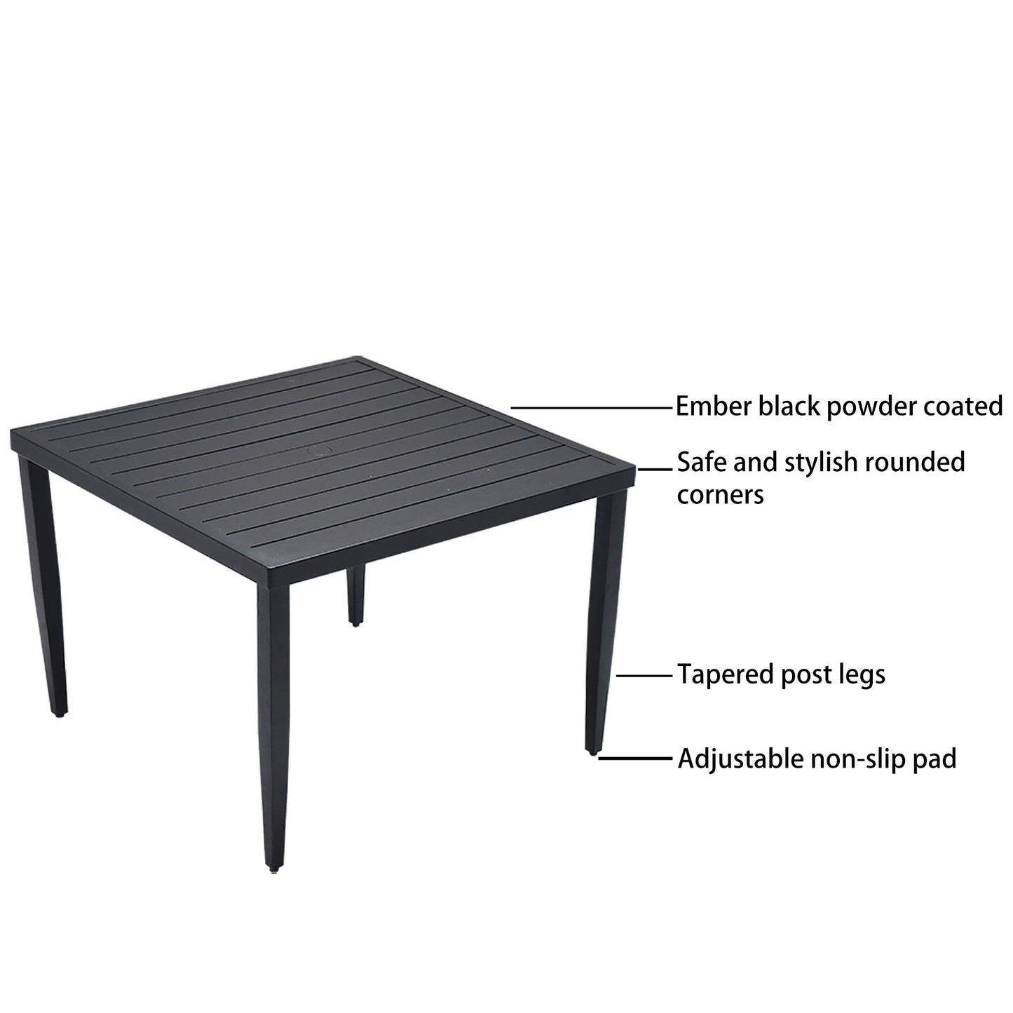 Square patio table with ember black powdercoated finish and slatted top
