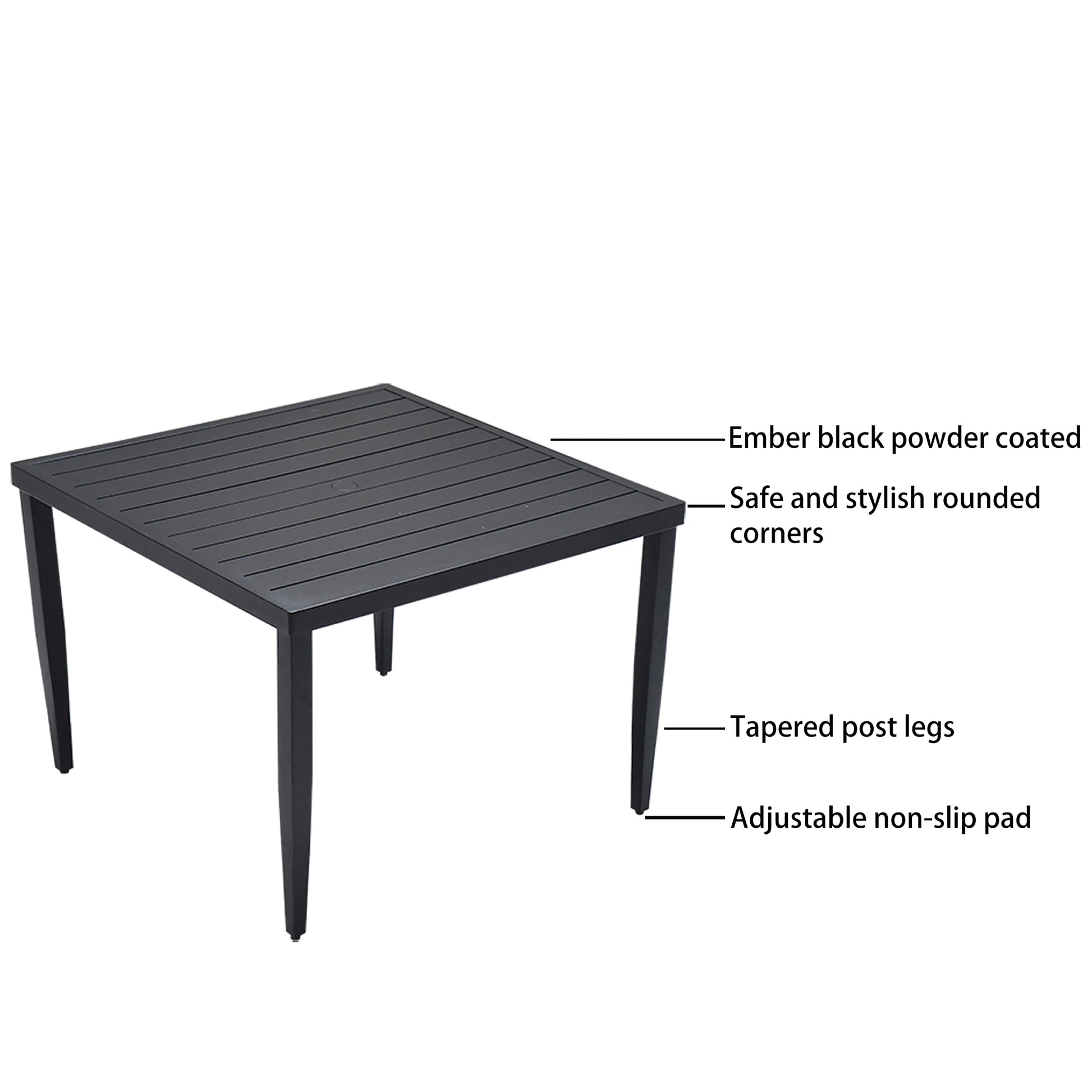 Square patio table with ember black powdercoated finish and slatted top