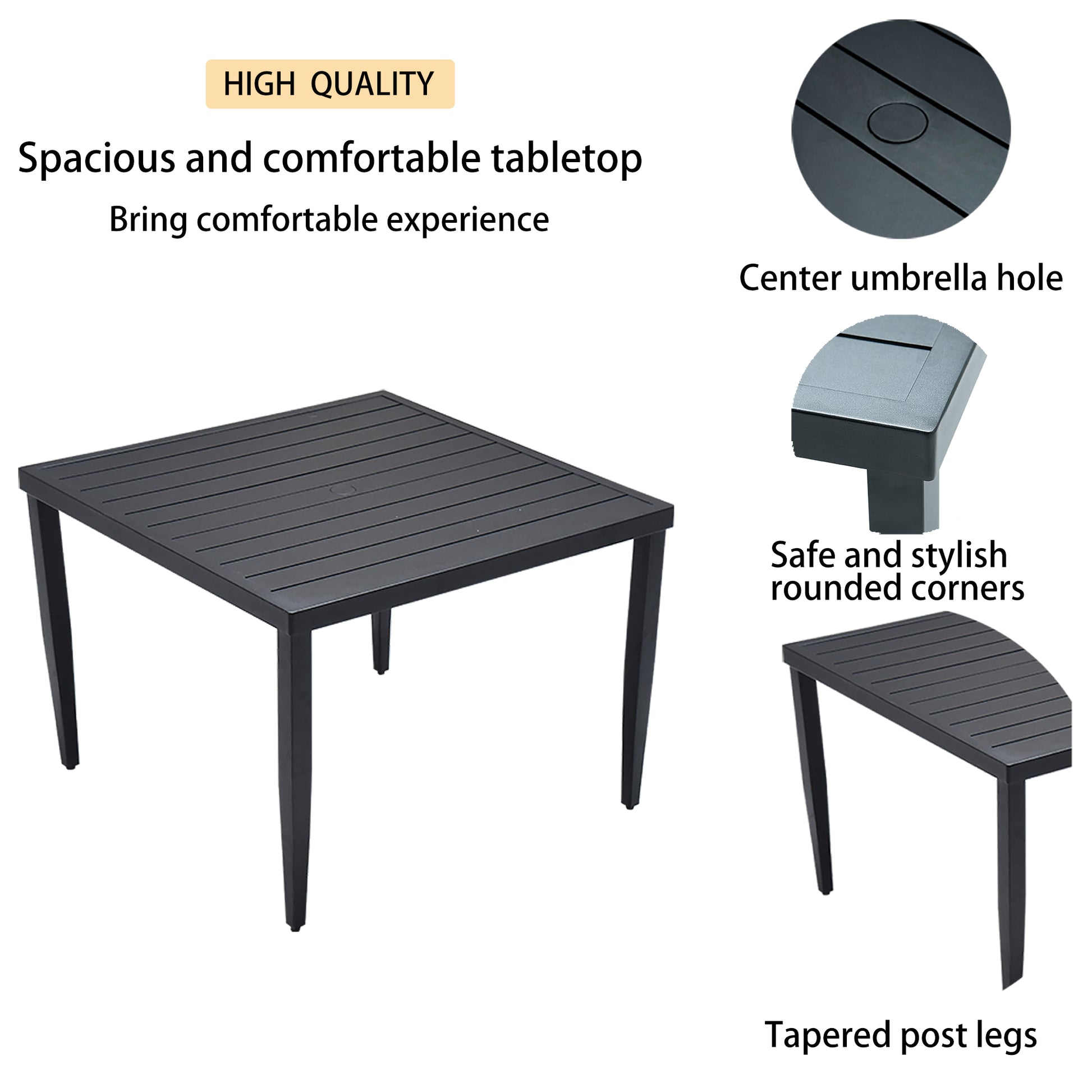 Dark gray aluminum patio table with slatted top and umbrella hole