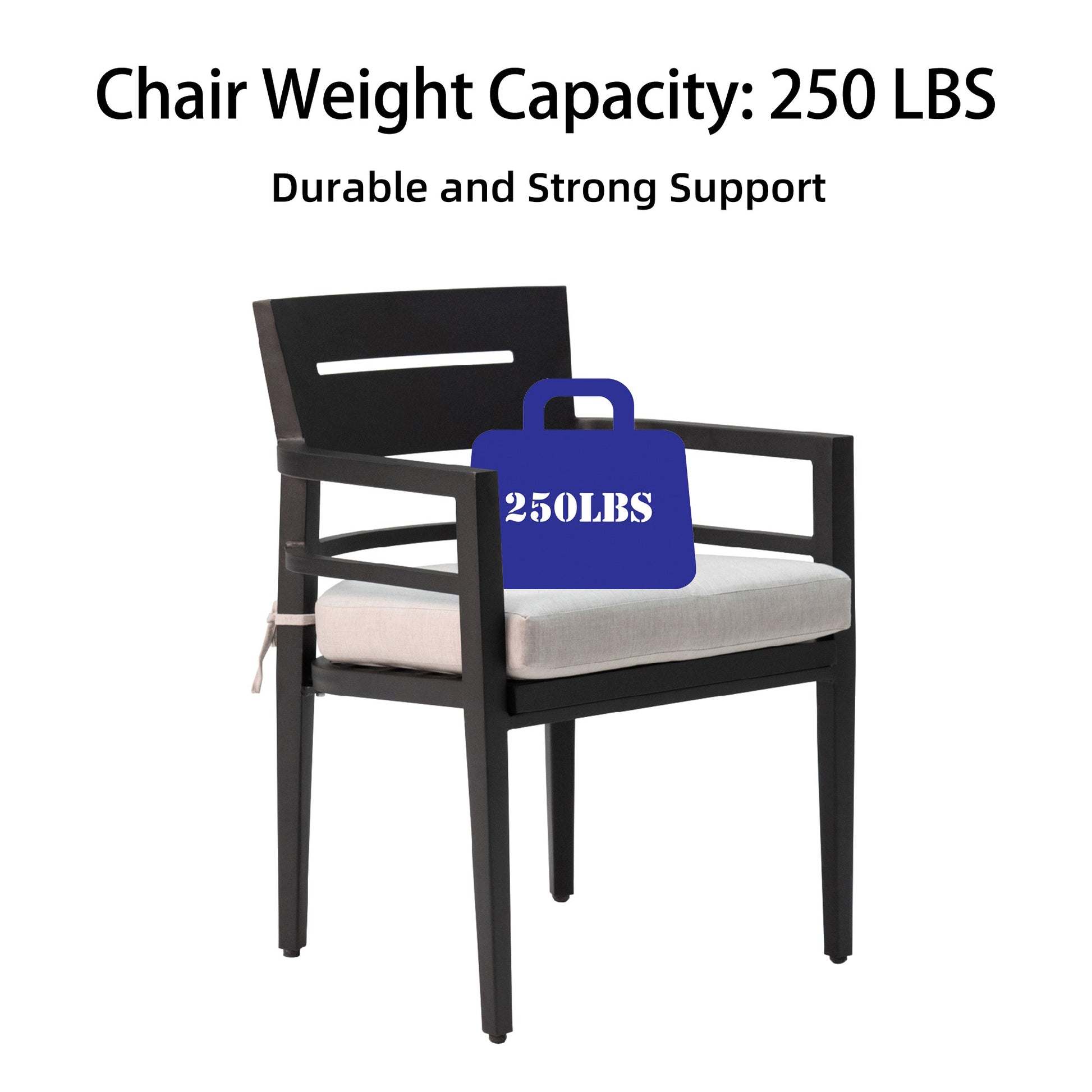 Black metal patio chair with light beige cushion  lbs weight capacity