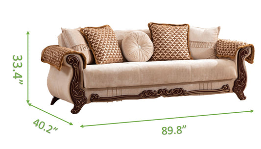 Elegant beige sofa with ornate dark wood trim and decorative throw pillows