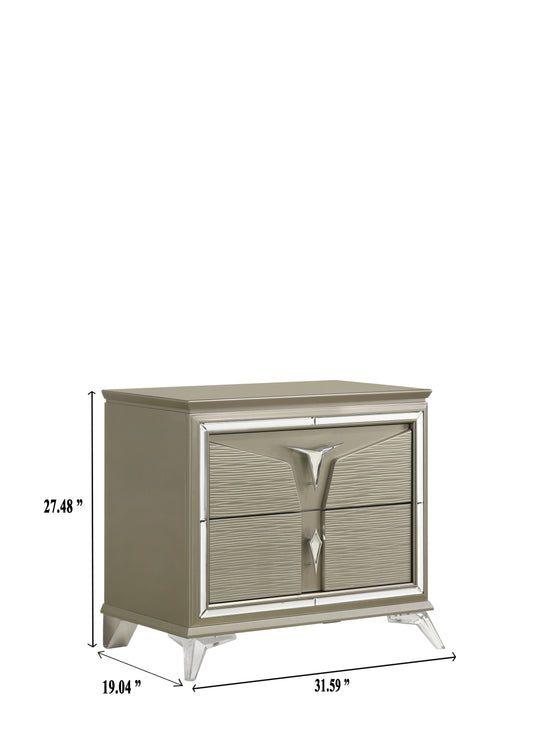 Champagne finish modern nightstand with two drawers and crystal accents